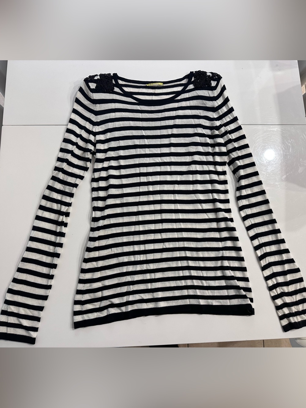 Gianni Bini Striped Long Sleeve Top Black White Sequin Shoulder Medium M